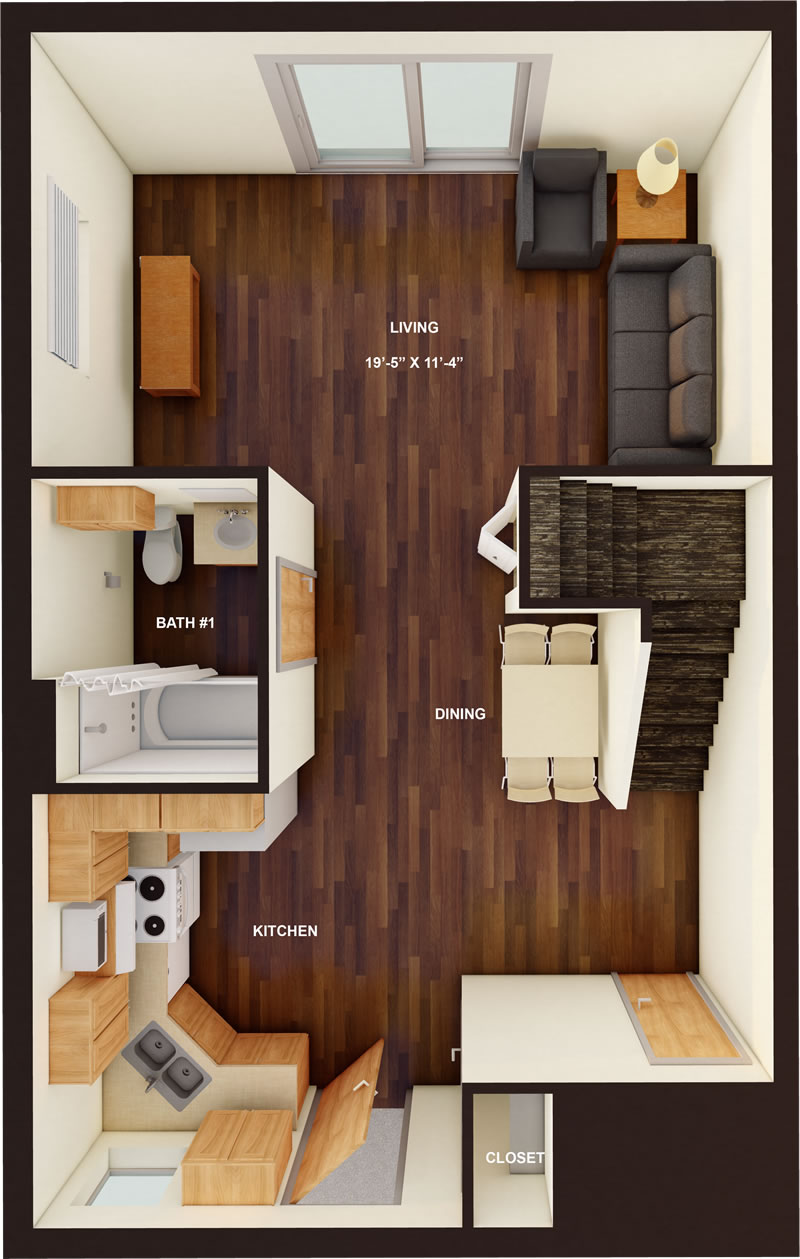 Pine Grove Townhome Style 3D Floor Plan first floor in color