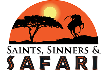 Logo of the Saints, Sinners and Safari event by Marshall Fredericks Sculpture Museum. Features a sunset with the Leaping Gazelle in profile.