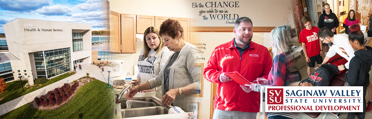 A group of images: An occupational therapy student coaches an elderly woman through a household exercise, an SVSU health sciences instructor talking and standing in front of inspirational quotes, a group of physcial therapy students doing a hands-on demonstration  