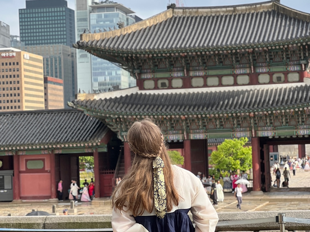 Riley R in South Korea as international studies major looking at building