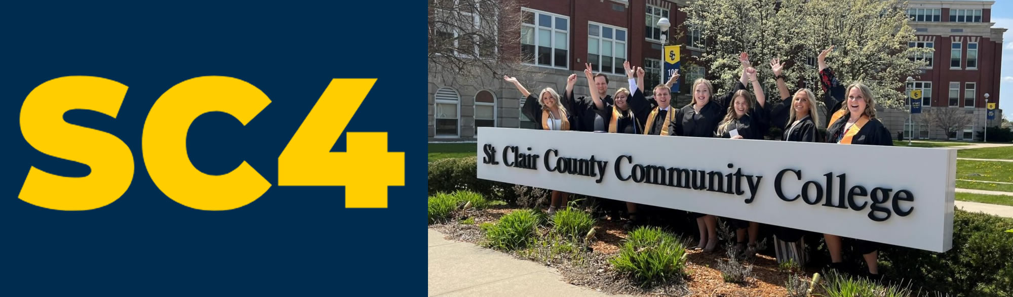 SC4 Logo and graduates behind sign