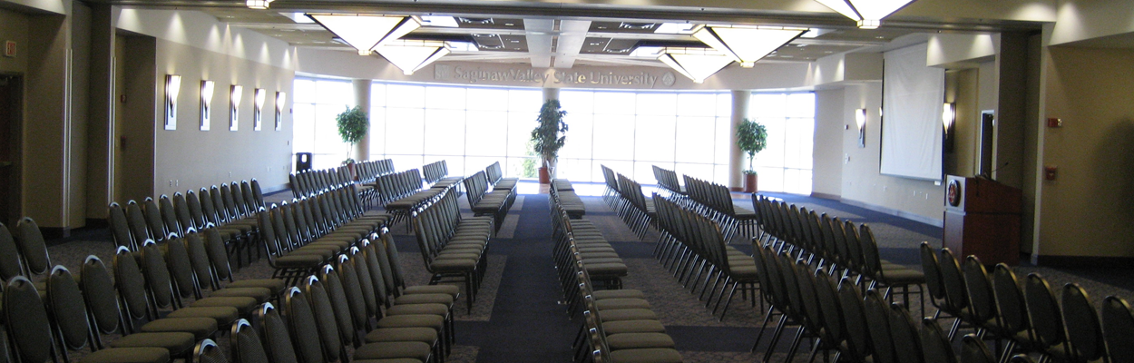 The banquet rooms at SVSU set-up for conference style seating.