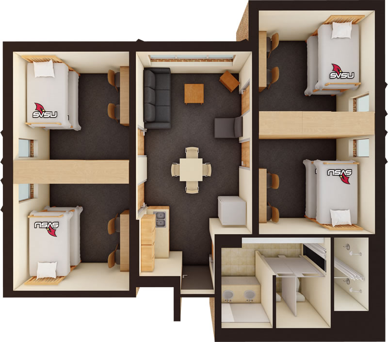 First Year Suites 3D Floor Plan in color