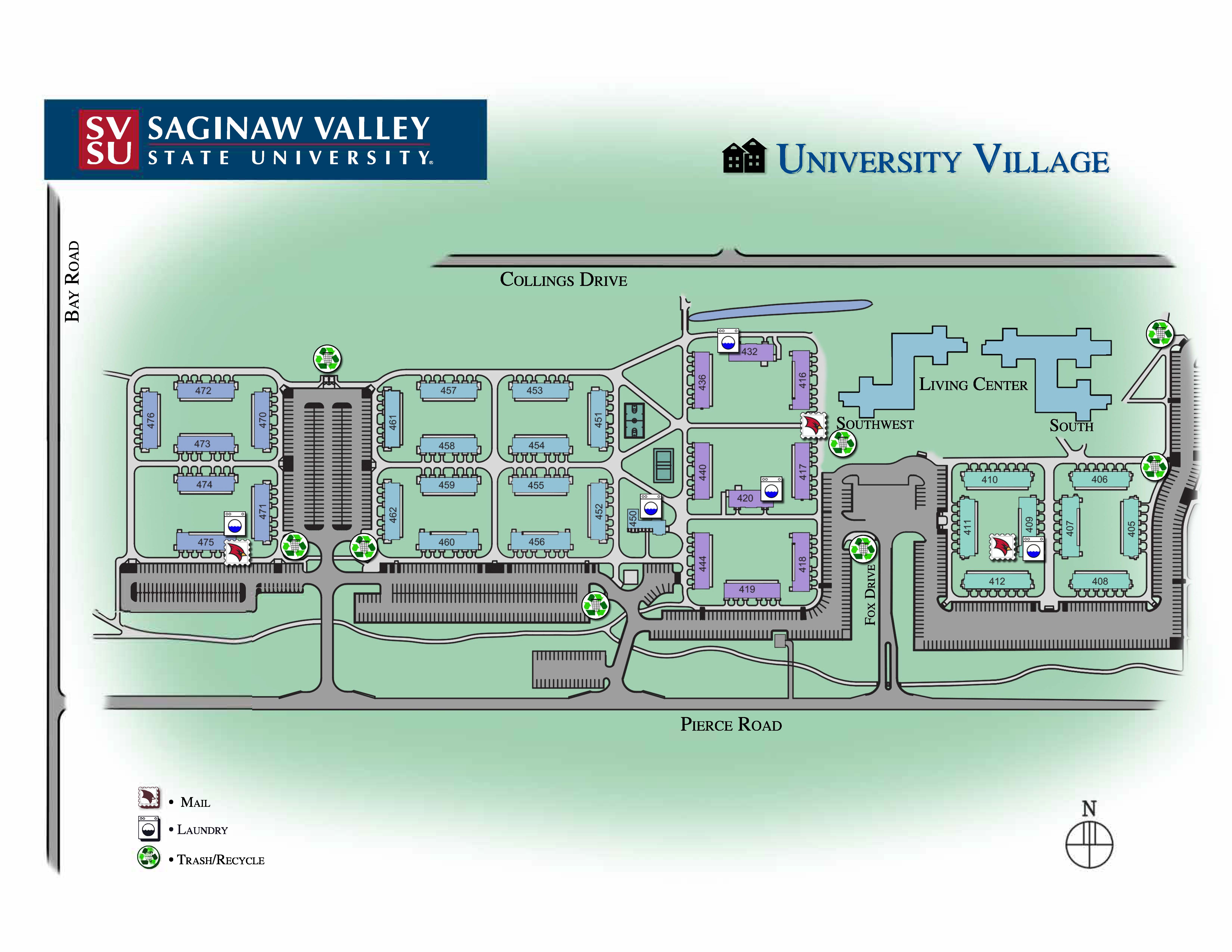 Map of SVSU University Village housing complex. See text description below for building locations and amenities.