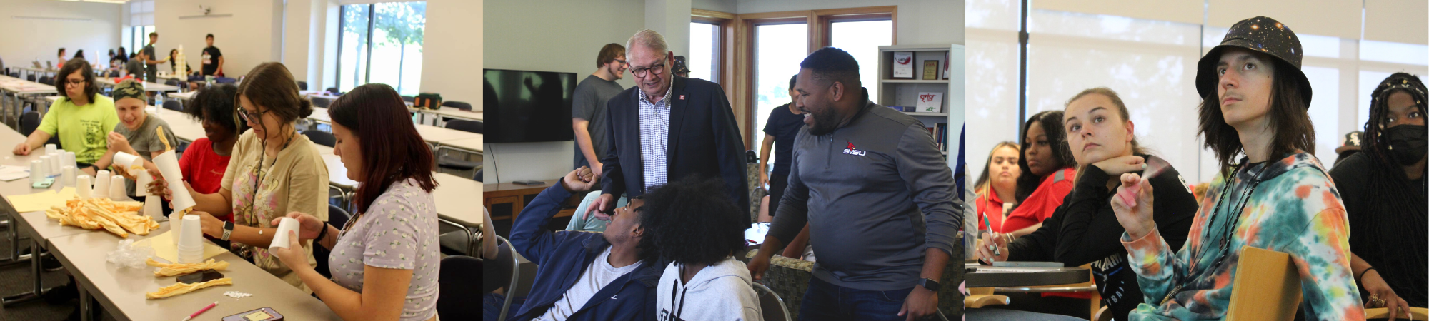 Image 1: Students working together to build a tower. Image 2: SVSU President Donald Bachand chatting with a couple of students. Image 3: Students paying attention during a presentation.