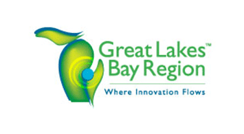 Great Lakes Bay Region: Where Innovation Flows text with Michigan outline and a tack in the Tri-City area.