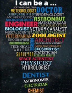 A lightbulb word cloud of STEM careers.