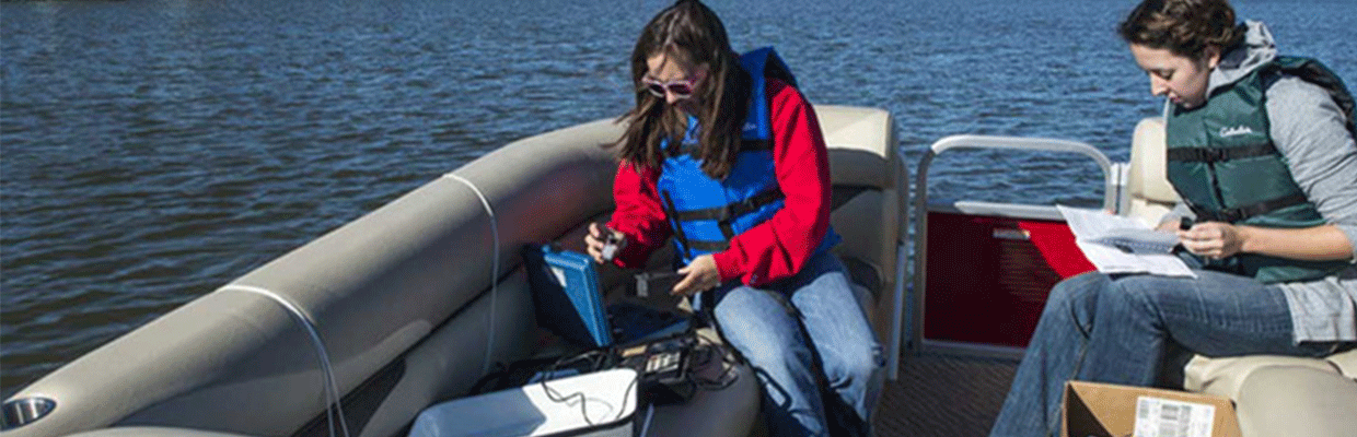 Students doing research on a boat in the Saginaw Bay.