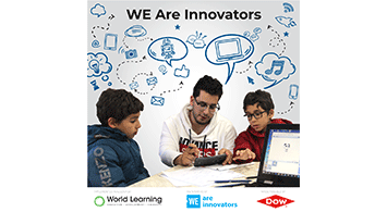 We Are Innovators: two students working with a teacher on a project. Dow, We Are Innovators, and World Learning logos at the bottom.