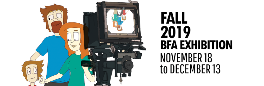 a banner image for the fall bfa 2019 exhibition featuring a three person family and a large format camera