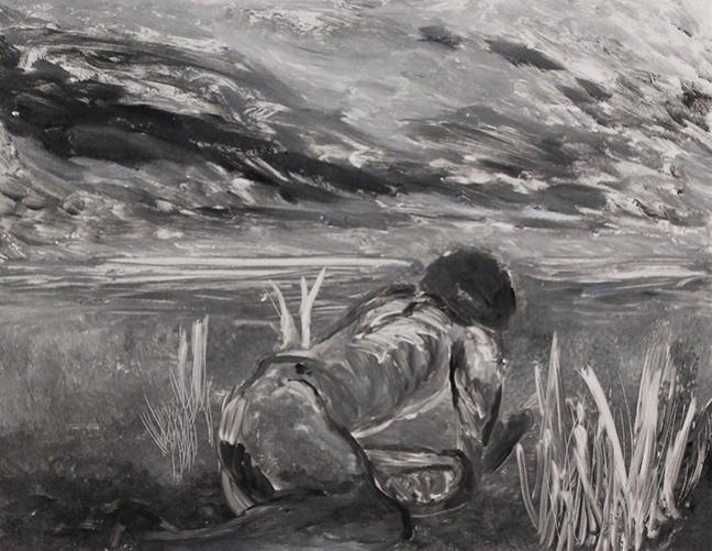 Nude figure crouching in desolate landscape looking toward the horizon