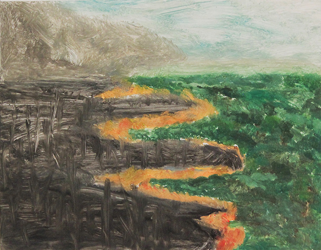 colored oil print of irregular crop line. One field dead one healthy and thriving