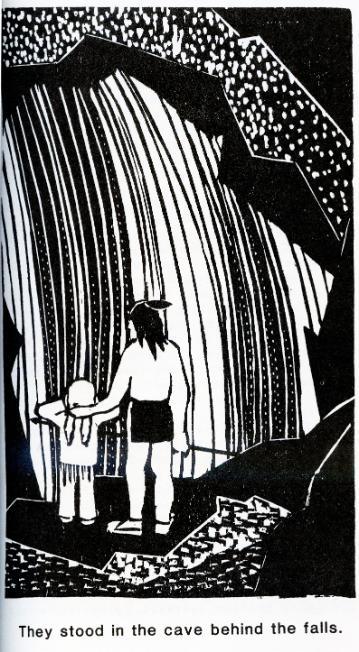 woodblock print reproduction of man guiding child in a cave behind a waterfall