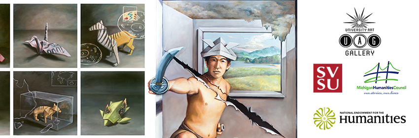 A banner composing of two works from Tatsuki Hakoyama, one features a figure with a paper hat swinging a sword and another composing of eight total parts featuring origami animals.