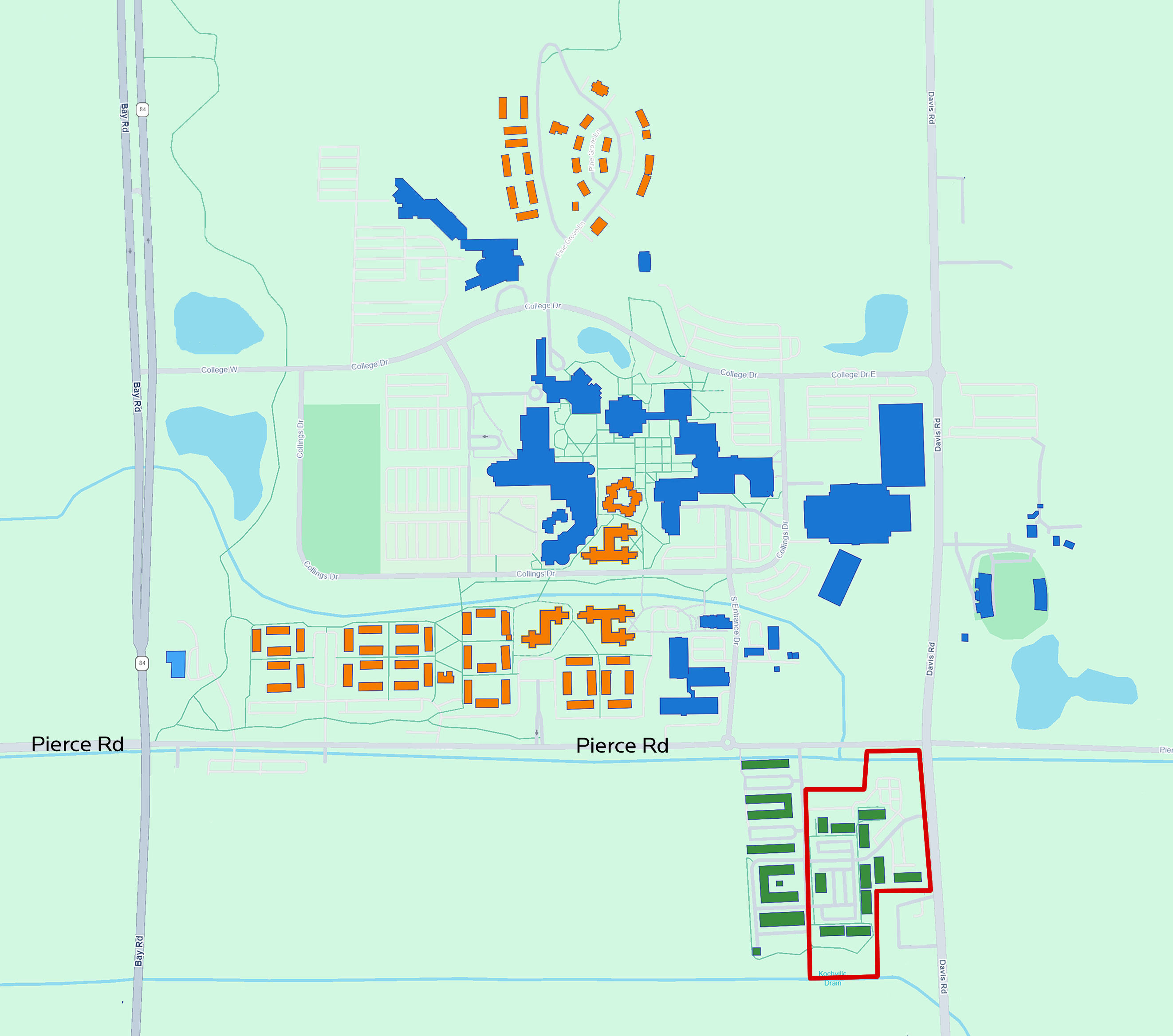 Map of SVSU campus and Cardinal Corners on Pierce Road highlighted