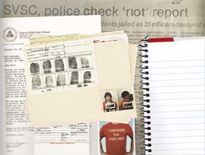 A collage of fingerprints, I survived the SVSC riot Tshirt, newspaper article.
