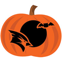 SVSU themed jack-o-lantern stencil of cardinal logo with a moon silhouette and flying bat