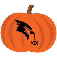 SVSU themed jack-o-lantern stencil of cardinal logo holding a spider from beak