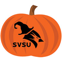 SVSU themed jack-o-lantern stencil of cardinal logo wearing a witches hat
